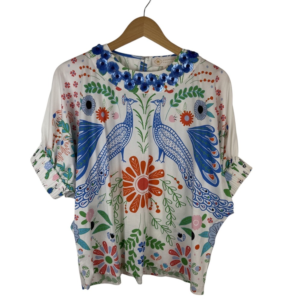 Sheridan French Peacock Floral Sequin Frankie Blouse XS Colorful Eclectic‎ Artsy